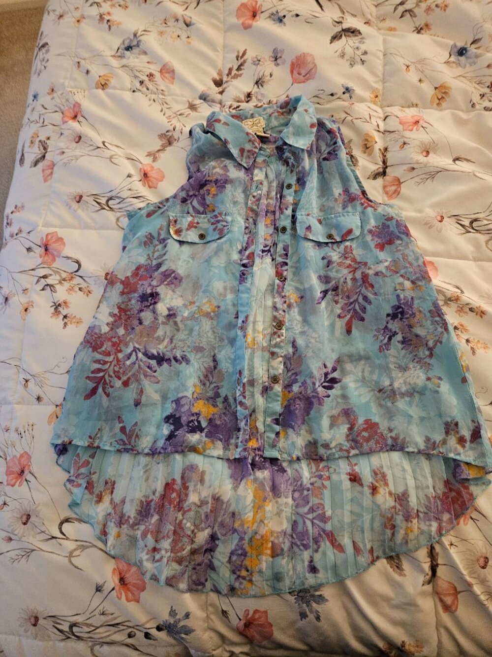 Sheer Blue Tropical Floral Button-Down Sleeveless Blouse